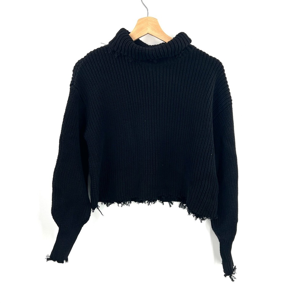 525 Sweater black turtleneck fringe cropped boxy ribbed knit 100% cotton M